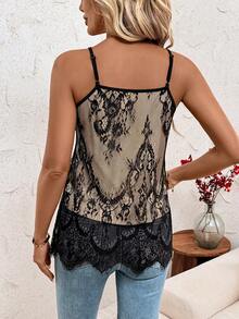 SHEIN Clasi 优雅性感黑色蕾丝女式吊带背心 - 黑色 - 查看 3