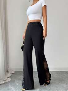 SHEIN Elenzya Quần nữ dáng ôm, cạp chun phối ren, thanh lịch, thích hợp cho kỳ nghỉ, dạo phố, đi làm, công sở, thời trang, du lịch, hẹn hò, phong cách đường phố Pháp, cổ điển, màu đen, mẫu mới cho đầu xuân/hè. - màu đen - Xem 7