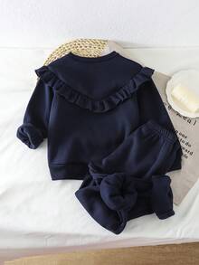 SHEIN Setelan 2pcs untuk Anak Perempuan & Remaja Perempuan: Atasan Sweatshirt Bordir Ruffle + Celana, Pakaian Sekolah Musim Gugur/Dingin untuk Aktivitas Sehari-hari - Biru - View 2