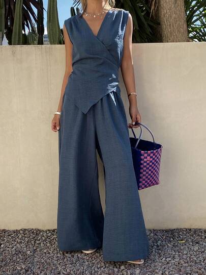 Livesso 2pcs/Set Women's Casual Sleeveless Top And Straight Leg Pants Suit, Cotton Blend, Spring/Summer