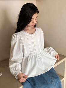 DAZY 少女休闲纯色泡泡袖长袖上衣 - 白色 - 查看 6