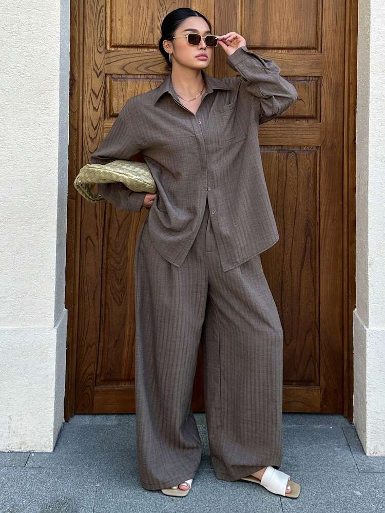 Dazy Plus Plus Size Solid Color Button Front Long Sleeve Top And Pants 2 Pieces Set