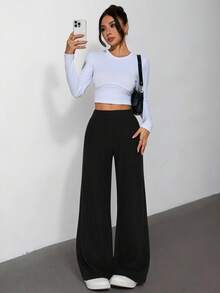 SHEIN PETITE Elastic Waist Ribbed Knit Baggy Grain Fabric Pants Black Wide Leg Pants High Waisted Pants Black Slacks Women Pleated Pants Black Dress Pants Black Pants Wide Leg - Black - View 7