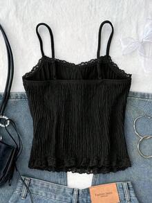 Tween Girls Black Textured Knit Bowknot Lace Camisole Tank Top, Layering Or Standalone, Back To School, Vacation & Casual Wear - Black - View 2