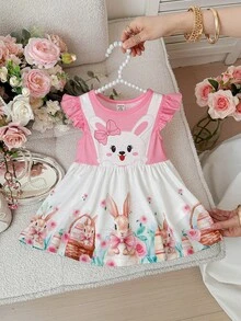 SHEIN 女婴可爱撞色蝴蝶结卡通图案短袖连衣裙，夏季 - 彩色 - 查看 3