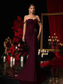 Glamrae Elegant Dark Gray-Green High Stretch Mesh Off Shoulder Evening Dress,Fishbone Trim Asymmetrical Split Metal Decor Fish Tail Formal Gown For Occasions - Maroon - View 8