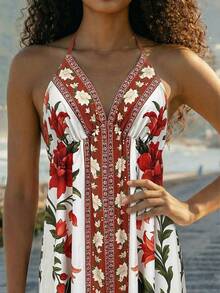 CAJUNI 女士印花露背性感时尚吊带连衣裙，适合度假 - 紅色 - 查看 5