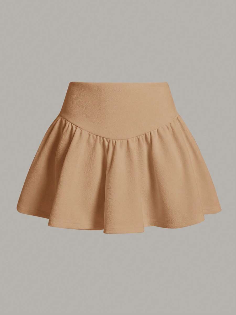 SHEIN MOD Solid Wide Waistband Ruffle Hem Black Mini Kirt - Khaki - View 1