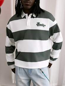 GALLERY FADE Men's Letter Print Striped Long Sleeve Casual Commuter Polo Shirt - White - View 1