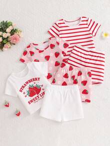 SHEIN 6件套女婴休闲可爱舒适冰淇淋图案及标语印花短袖上衣和短裤套装，适合春夏季节，是外出和日常穿着的理想之选。 - 彩色 - 查看 4