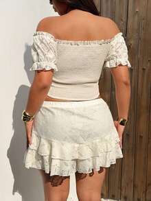 Sunnyshic Bộ đồ 2 mảnh gợi cảm cỡ lớn gồm áo trễ vai thắt nơ và quần short, thích hợp cho đi chơi, nghỉ mát, đi biển. - Màu be - Xem 3