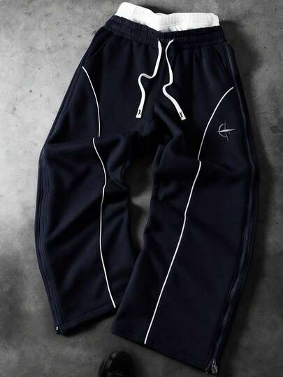 PAVTROS Pantalones de pierna ancha con doble cremallera en la cintura y paneles laterales, estilo callejero juvenil, ropa urbana, holgados, gráficos, a juego, amigos, amo a mi novio, estilo callejero, parejas, doble cintura con tiras reflectantes en los bordes para patrones bordados de gran