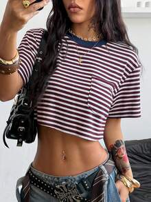 Coolane Áo thun ngắn cổ tròn cổ điển Y2K thời trang dạo phố mùa xuân hè dành cho nữ - Màu be - Xem 3