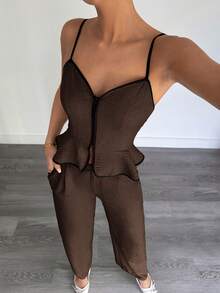 Siren Gaze 女士撞色滚边吊带背心和裤子套装，女士夏季吊带两件套 - 咖啡棕 - 查看 6