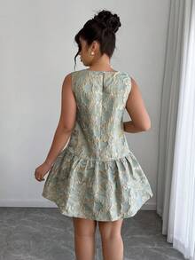 Elenzga Plus Size Women's Elegant Round Neck Ruffle Trim Jacquard Fabric Dress, Suitable For Daily, Office, And Casual Wear, Spring/Summer - Green - View 2