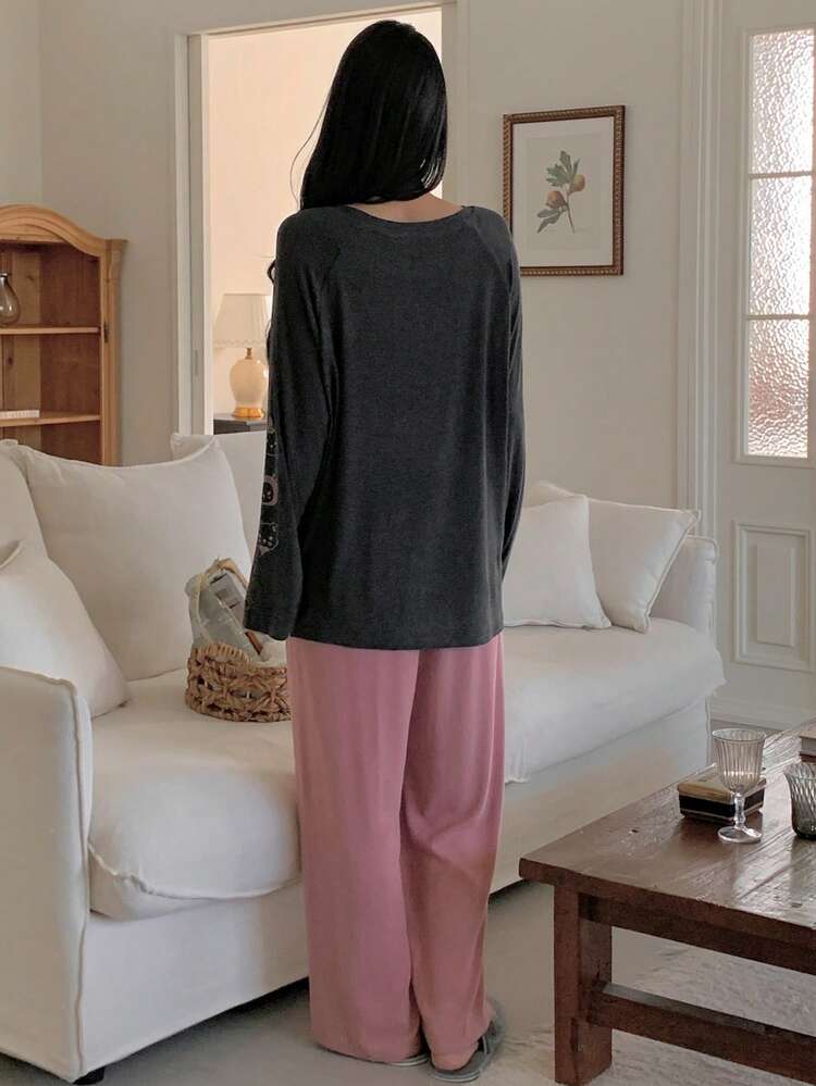 Cute Bear & Letter Print Loose Women Pajama Set
