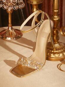CUCCOO TILAWA Sandali con tacco alto alla moda e sexy con cinturino, con strass, tacco a spillo metallico argento, adatti per banchetti, feste e altre occasioni - Champagne - Visualizzare 3