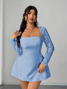 Elenzga Plus Size Solid Color Square Neck Lace Patchwork Elegant Long Sleeve Dress - Blue - View 4