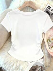 Resyla 女士圆领爱心和仿珍珠装饰荷叶边休闲通勤短袖T恤 - 白色 - 查看 2