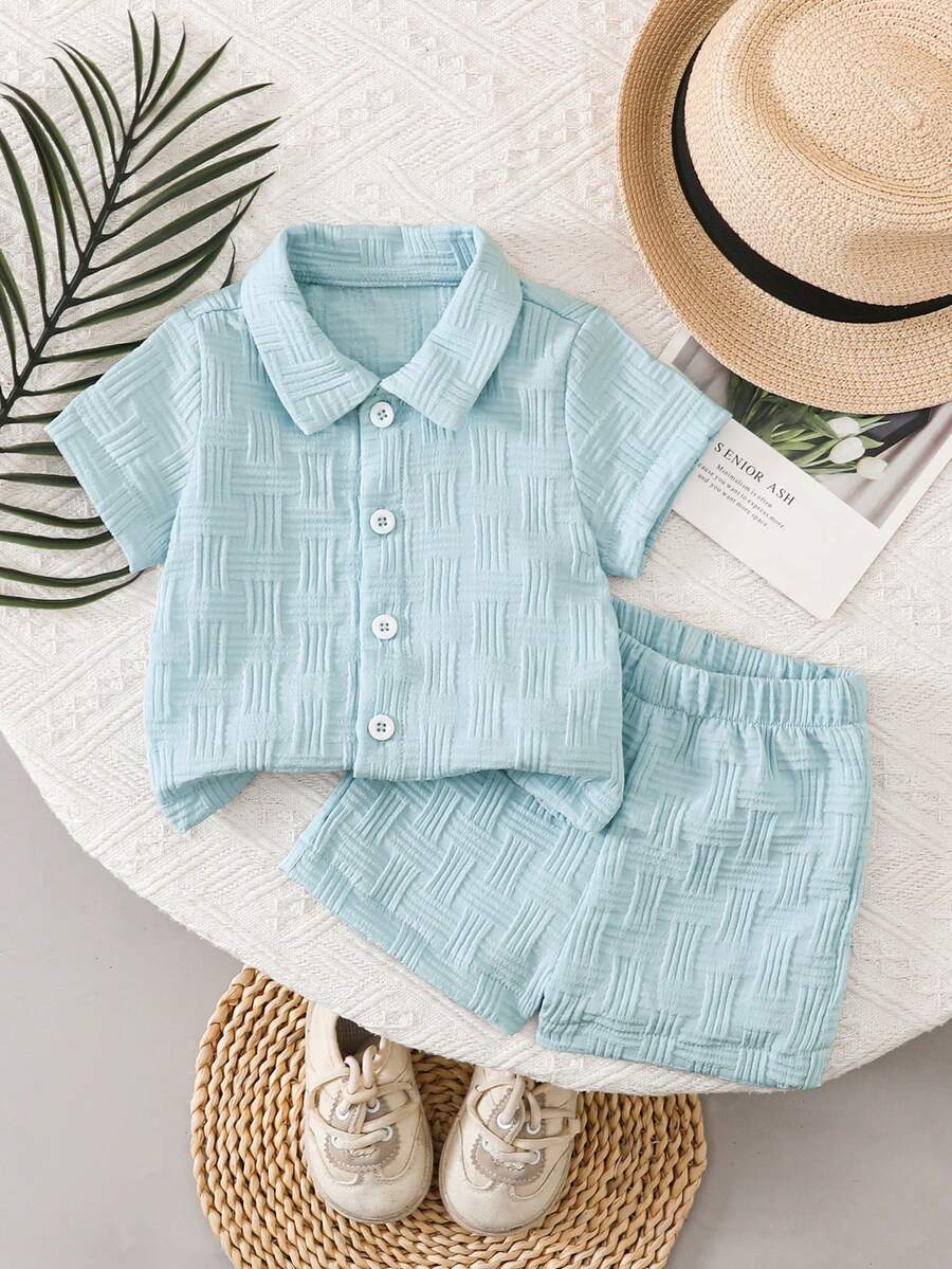 SHEIN Vintaside Kids 纹理衬衫和短裤街头时尚幼儿男童两件套 - 淺藍色 - 查看 1