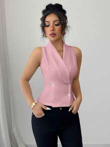 Elenzga Áo sơ mi nữ không tay thanh lịch, thời trang, cổ tròn, cài cúc phía trước, có túi, thắt eo, xẻ tà phía trước, phối màu đen trắng, viền tương phản ở cổ áo, tay áo và gấu áo. - Hồng - Xem 3