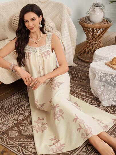 SHEIN Women's Lace Patchwork Embroidered Print Off Shoulder Decorative Button Strap Soft Long Nightgown