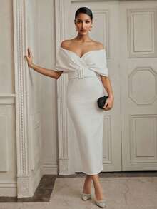 Anewsta فستان ضيق مناسب للخصر بياقة على الكتف وياقة على شكل حرف V للنساء - أبيض - مشاهدة 3