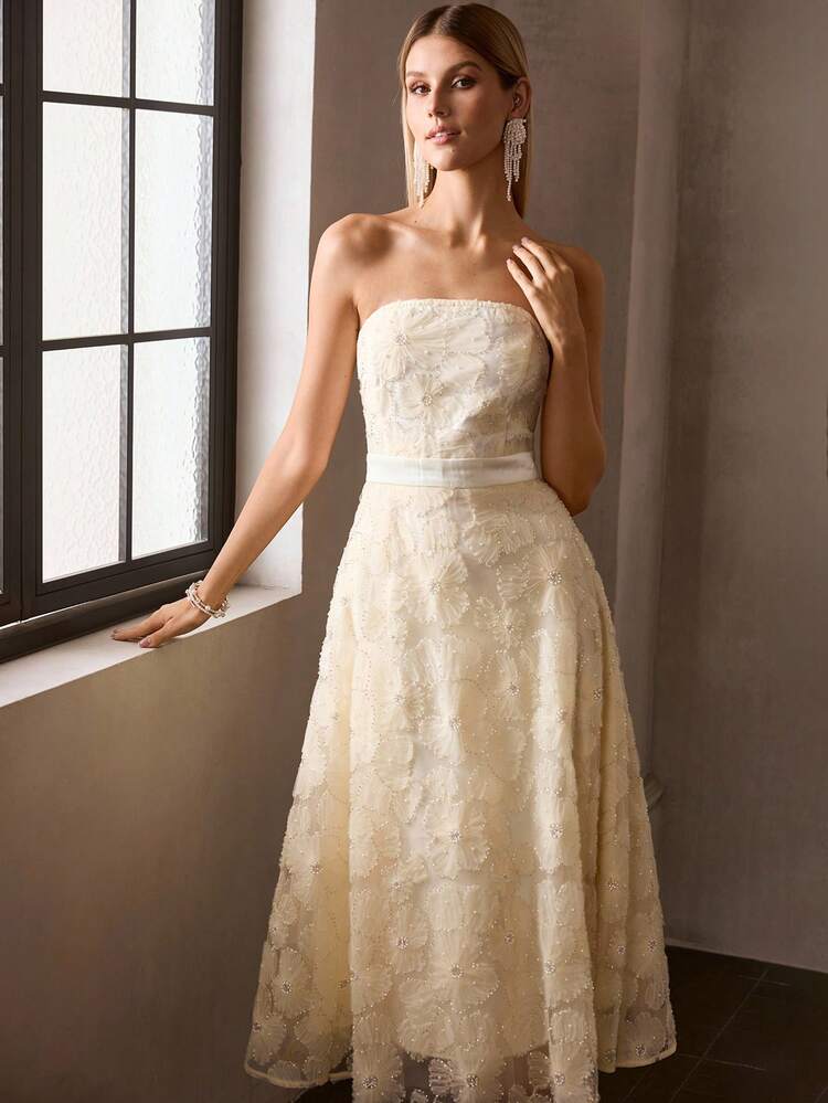 MOTF Soiréza FAUX PEARLS BEADED FLORAL PATTERN MESH OVERLAY TUBE DRESS
