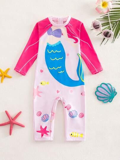 SHEIN This 1-Piece Baby Girl Long-Sleeved Swimsuit Features A Cute And Versatile Mermaid Pattern, Perfect For Casual Vacations And Spring/Summer.