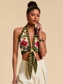 SHEIN TRVLCHIC 休闲简约度假波西米亚风优雅浪漫复古热带植物印花图案，适合海滩、度假、春夏穿着的舒适女士吊带系带上衣 - 白色 - 查看 6