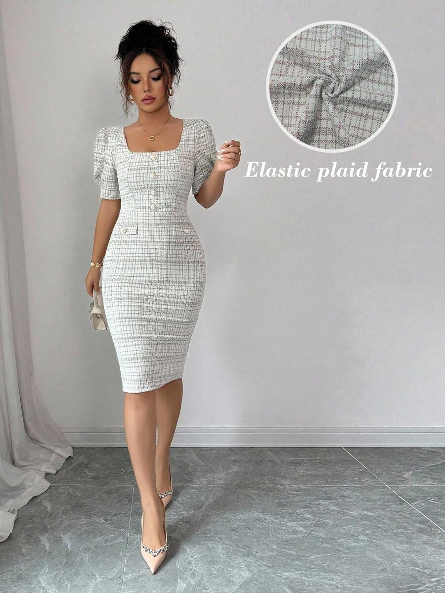 Elenzga Gaun Bodycon Elegan dan Romantis dengan Detail Kerutan di Pinggang, Lengan Mengembang, dan Leher Persegi untuk Wanita - Kopi - View 1
