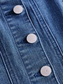 SHEIN MOD Women's Frayed Shoulder Flare Sleeve Single-Breasted Denim Blouse - Medium Wash - View 3