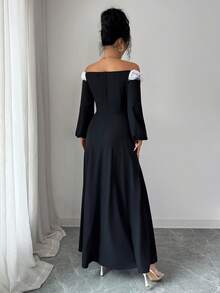 Rafferiza Women's Woven Plain Black One-Shoulder Long Sleeve Cinched Waist A-Line Dress With White Floral Applique, Elegant Party Dress - Black - View 2