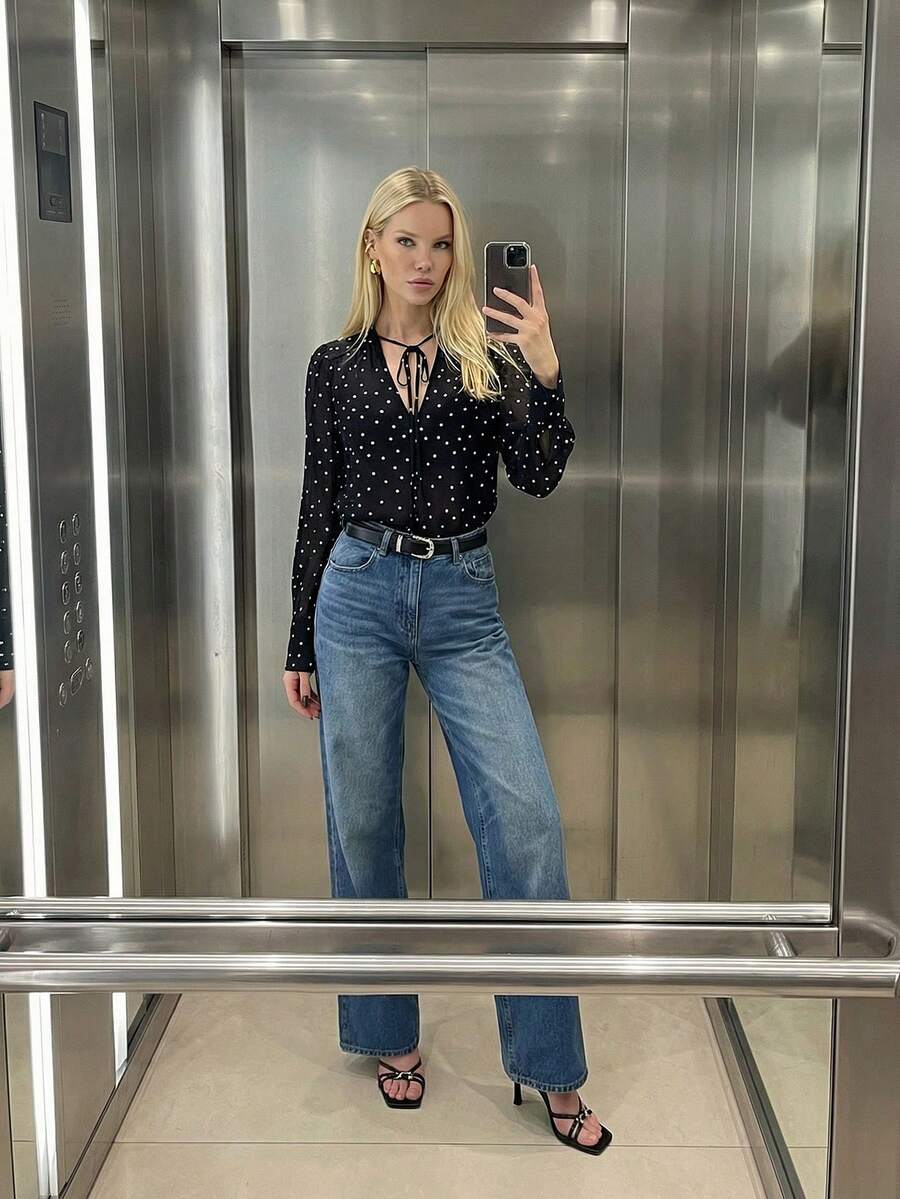 Maija 女士休闲波点印花喇叭袖衬衫，秋季 - 黑色 - 查看 1