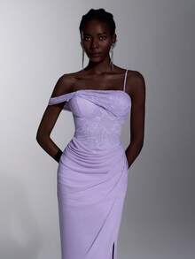 Elitara Robe de soirée maxi élégante et luxueuse pour femmes, en dentelle violette avec patchwork, tricot élastique, bretelle ajustable à une épaule, fente sexy haute - Mauve - Voir 4