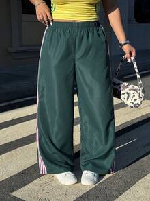 SHEIN EZwear 大码侧条纹印花弹力腰休闲裤 - 綠色 - 查看 5