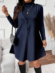 SHEIN Frenchy Bộ đồ 2 mảnh thanh lịch dành cho nữ cỡ lớn với họa tiết đón năm mới, phù hợp cho mùa thu/đông, năm mới, tiệc âm nhạc, màu xanh navy. - Màu xanh hải quân - Xem 6