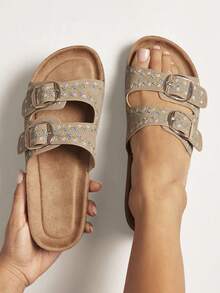 Solezae #BloomCraft 女士花卉缝线双扣舒适鞋垫凸点灰褐色软木拖鞋 – 柔软、时尚、日常穿着舒适 - 米色 - 查看 3