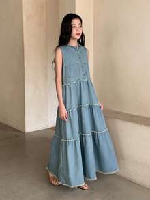 DAZY Vestido de patinadora vaquero con cuello Mao y botones, conjunto de moda para citas de verano para adolescentes - Lavado ligero - Ver 1