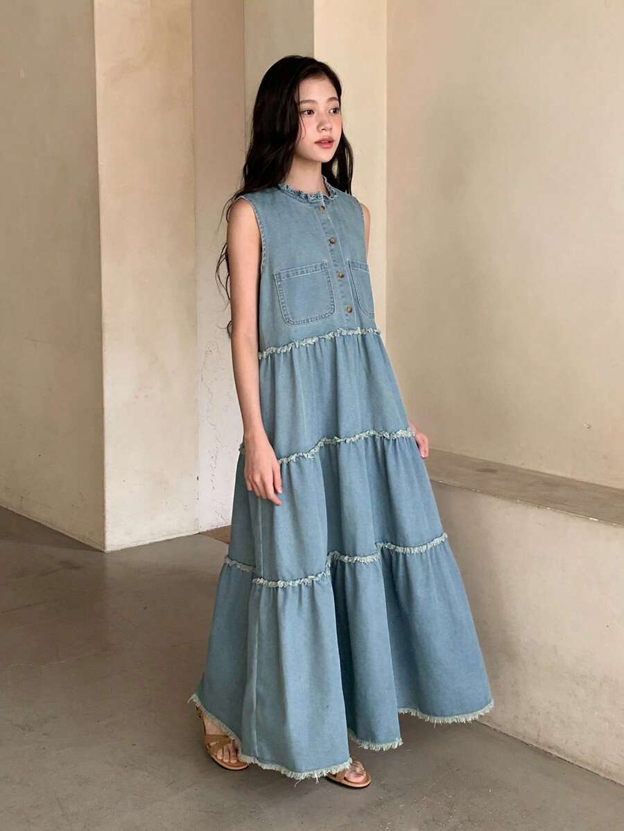 DAZY Vestido de patinadora vaquero con cuello Mao y botones, conjunto de moda para citas de verano para adolescentes - Lavado ligero - Ver 1