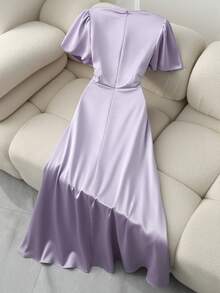 Franclia Đầm nữ thanh lịch, đầm bóng, đầm satin, đầm đính kim loại, đầm tay xòe, đầm cổ tròn, đầm xuân/hè. - Màu tím hoa cà - Xem 2