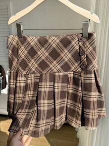 Comfortcana 大码女式休闲格子印花迷你百褶裙，春季/假日 - 棕色 - 查看 4