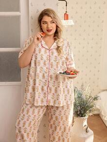 CottageSlumber Plus Size Floral Print Ruffle Collar Cardigan Short Sleeve & Pants Pajama Set - Multicolor - View 4