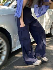Livesso 女款戶外運動大口袋工裝褲，海軍藍休閒校園風，適合秋季度假 - 藏蓝色 - 查看 3