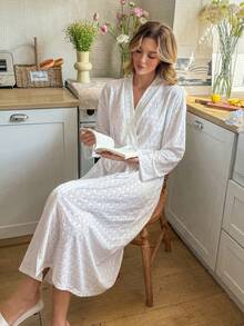 SHEIN Women's Casual Knitted Jacquard Long Cardigan Robe - White - View 1