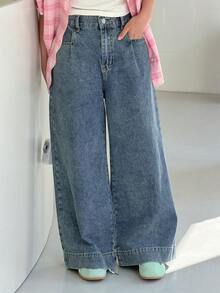 DAZY Tween Girls' Letter Embroidered Pocket Wide Leg Loose Casual Jeans - Blue - View 3