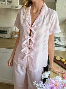SHEIN 女士睡衣两件套，短袖上衣和长裤，浪漫条纹印花，粉色家居服 - 淺粉色 - 查看 4