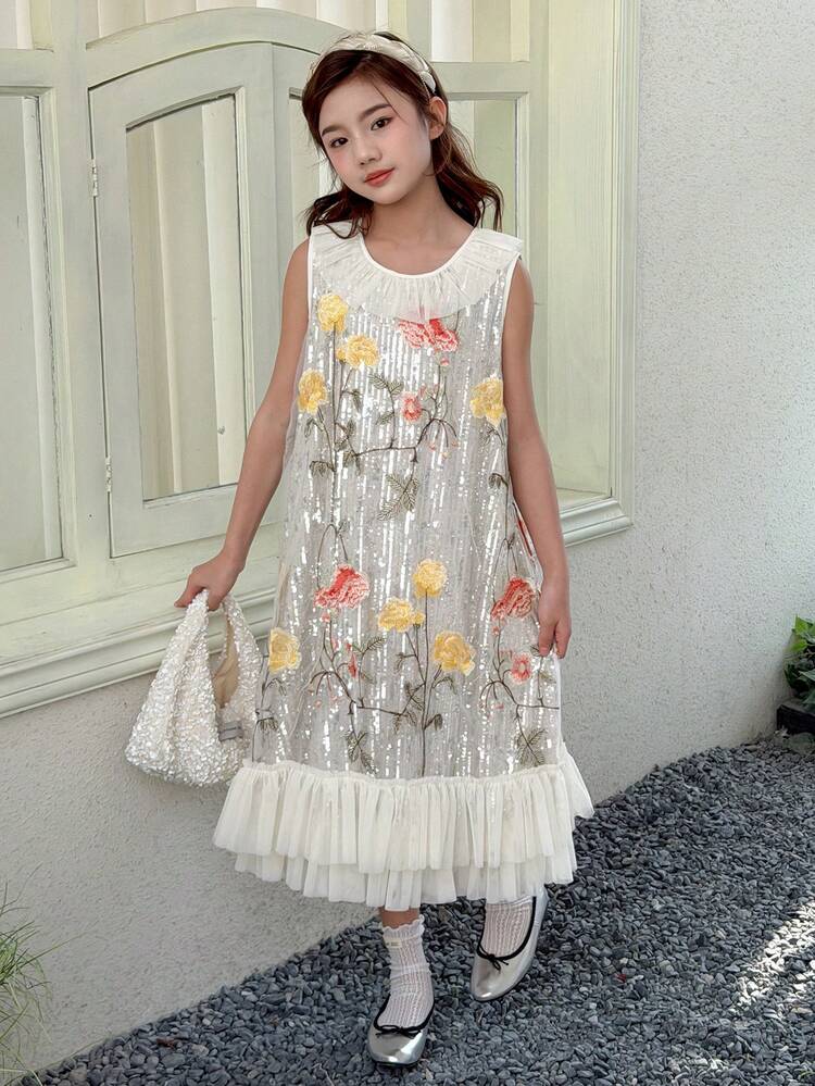 Tween Girl Floral Embroidery & Sequin Patchwork Round Neck Party Dress