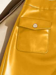 SHEIN Franclia Women's Casual Fashion PU Leather Solid Color Button Fly Flap Pocket Shorts - Yellow - View 3