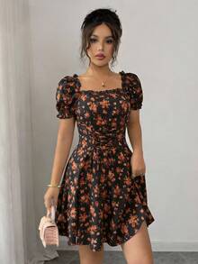 Rafferiza Đầm nữ họa tiết hoa nhí cổ vuông tay phồng xếp ly eo thắt dây - Nhiều màu - Xem 6